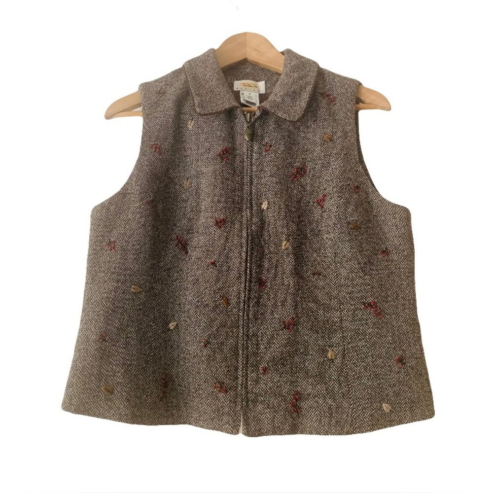 Vtg Talbots Brown Wool Blend Herringbone Vest Embroidered Size MP Y2K 90s Twee